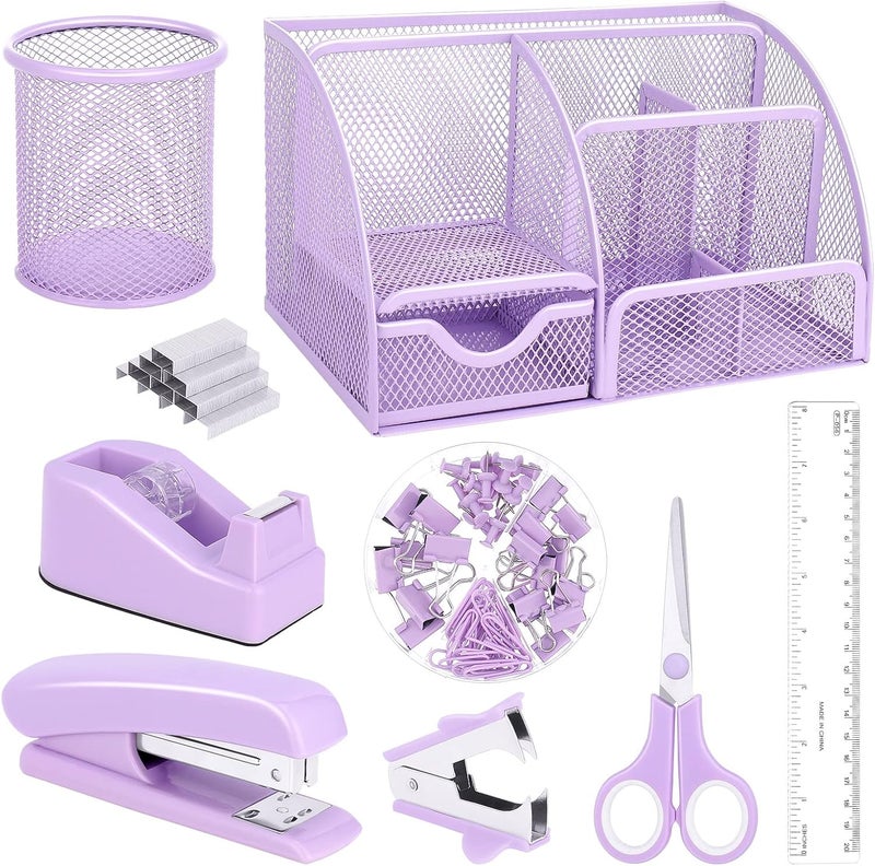 AuraRay Purple Mesh Desk Organizer and Accessories, Purple Office Supplies 7 Compartments Desk Organizer with Stapler,Tape Dispenser,1000 Staples,Pen Holder,Staple Remover,Clips,Ruler,Scissors - Image 1
